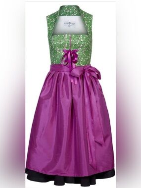 NWT Alpentrachten green floral dirndl with vibrant pink apron.